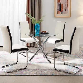 מודרני שולחן אוכל מוגדרת, מטבח עגול מזכוכית פינת האוכל שולחן כיסאות עור PU