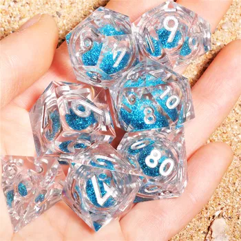 מיני כוכב כחול ליבה נוזלית קוביות להגדיר Polyhedral ברור שרף הקוביות עם קצוות חדים כחול טובעני D6 D20 קוביות מותאמות אישית DND קוביות RPG