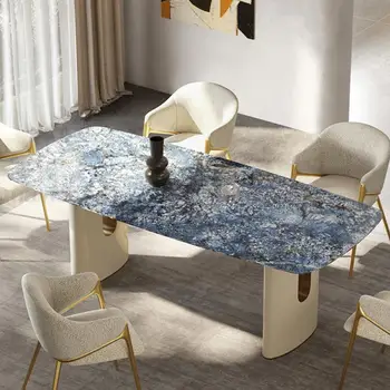 מלבן שולחן אוכל כחול עם מרקם אבן פאנל שולחן יציב שולחן מסגרת עגולה פינה יוקרה Muebles חדר האוכל ערכות