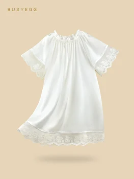 מתוק תחרה בסגנון נסיכה לבן משי טבעי nightdress בנות שמלת הקיץ של הילדים שרוול קצר homewear ילדים כותונת הלילה