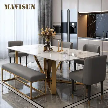 נירוסטה אור ריהוט יוקרה שולחן האוכל הנורדי, עיצוב מינימליסטי-High-End הזהב שיש אחד שולחן ושישה כיסאות
