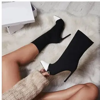 נשים chaussures סתיו חורף שחור דק עקבים גבוהים מגפי קרסול עבור אישה נעל גרב botas מחודד בוהן נעלי נשים