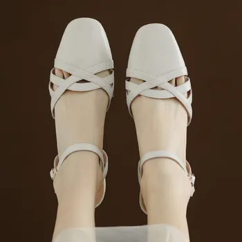 נשים עור אמיתי בסגנון בריטי הולו-out קיץ רצועת קרסול סנדלים מזדמנים נקבה יומי נעלי נעלי נשים למכירה