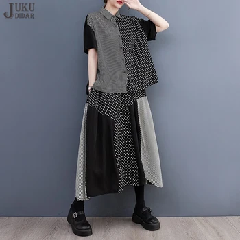 סגנון קוריאני האישה שתי חתיכה להגדיר נקודות פסים מודפס מתאים רופף מנופחים שחור, חולצות, חצאית ייחודי מזדמן תלבושת JJSE023