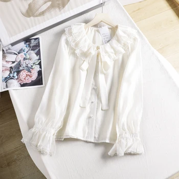 סגנון קוריאני לבן קשת החולצה החולצה של נשים האביב אופנתי גיל הפחתת החולצה בועה שרוול העליון