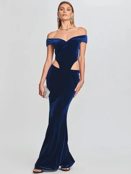 סקסית בורגנדי מחוץ כתף לגזור שמלה ארוכה נשים V כחול הצוואר מחוך קטיפה בתולת ים שמלה ארוכה אלגנטית חג שמלת ערב