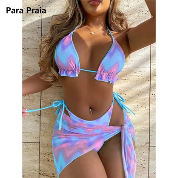 פארא Praia 2023 סקסי לקשור צבע הקולר שלוש חתיכת בגד ים עם חצאית ברזילאי בגדי ים נשים Biquini שרוך Beachwear