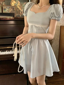 צרפתי אלגנטי Y2k מיני שמלה אישה בסיסיים צבע טהור שרוול קצר שמלת מסיבת חתיכה אחת שמלת אופנה קוריאנית סלים 2023 הקיץ