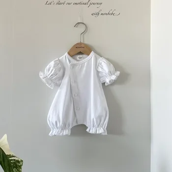 קוריאני תינוק כותנה Rompers לבן צבע בנות תינוק תחרה V-צוואר בגד גוף רך לנשימה הפעוט סרבל ילדים תלבושות