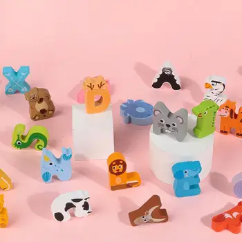 קריקטורה בעלי חיים, אלפבית עץ חידות התאמה לוח התפתחותית לילדים צעצוע ילדים צעצועים חינוכיים לילדים מתנה