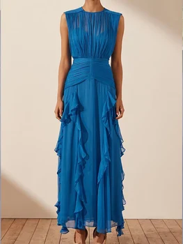 רטרו אלגנטי השמלה קפלים צוואר עגול שיפון ללא שרוולים גבוהה המותניים החצאית הארוכה 2023 החדש של אופנה כחולה חצאית אפוד