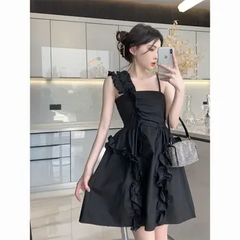 שחור ללא שרוולים שמלת נשים קיץ ייחודי 3D עלה לוטוס קישוט שמלה בסגנון צרפתי גבוהה המותניים תשוקה טהורה שמלת מסיבת