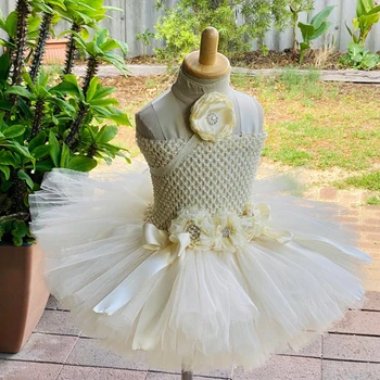 שנהב שמלת ילדה מסיבת יום הולדת נסיכה השמלה ילדים כדור שמלת ילדה פרח חתונה טוטו פלאפי שמלות Vestidos