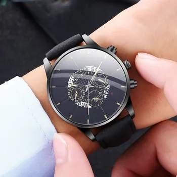 שעון לגברים Mens שעון פיצוצים הגירסה הקוריאנית של לוח השנה שעון אופנה מזויף שלוש-עין ספורט גברים של עור קוורץ שעונים