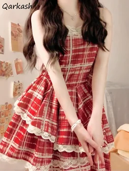 תחרה מיני שמלה אדומה נשים Y2k משובץ קו מזג בנות Kawaii בגדי אופנה צרפתית אסתטיקה משובחת Harajuku לא סדיר שיק